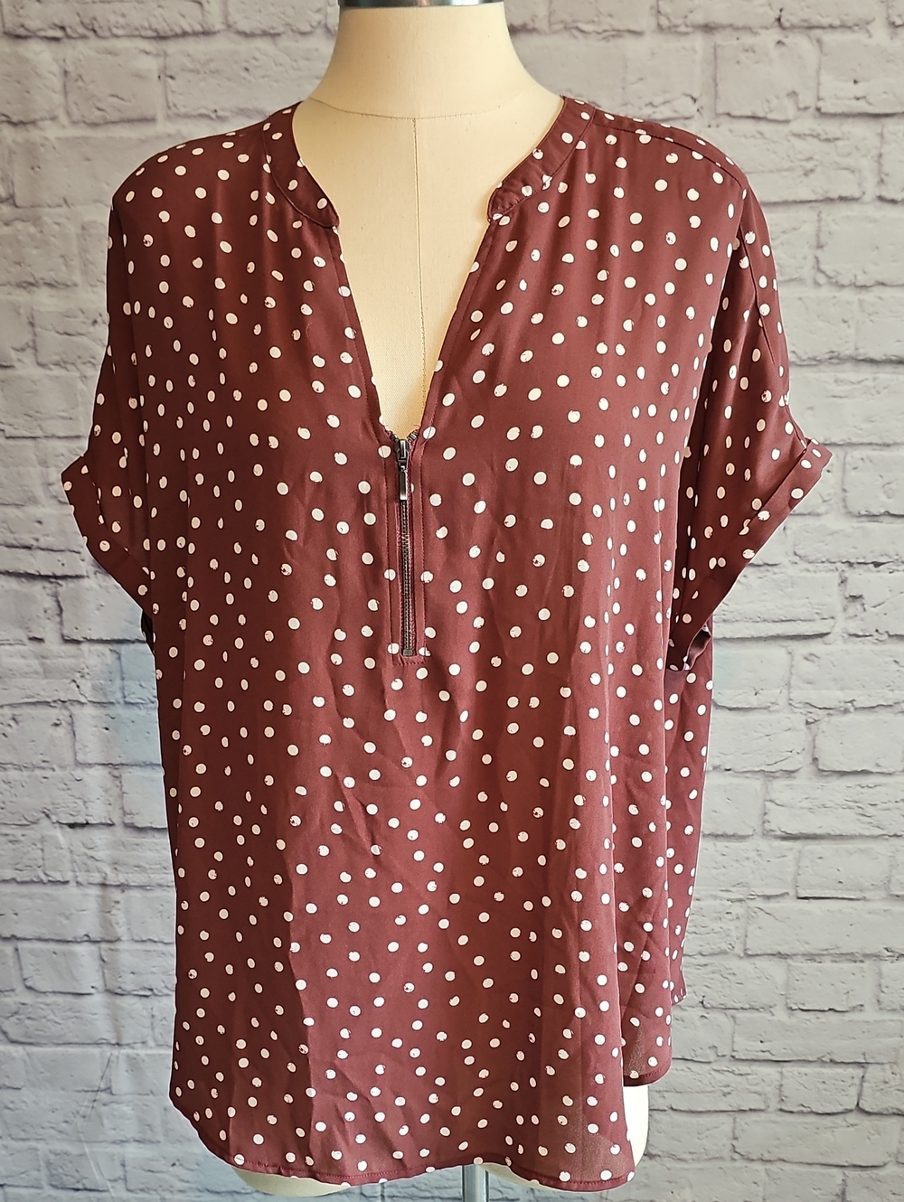 Maurices Rust Brown Polka Dot Zip-Front Blouse